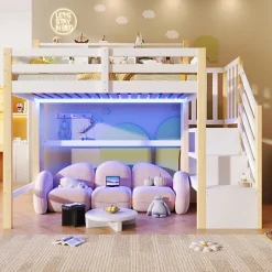 Lit mezzanine 90x200cm avec LED - avec échelle de rangement - compartiments de rangement - Blanc + Naturel (sans matelas)