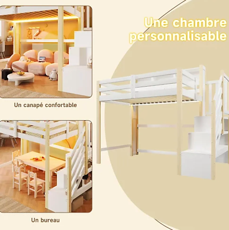 Lit mezzanine 90x200cm avec LED - avec échelle de rangement - compartiments de rangement - Blanc + Naturel (sans matelas)