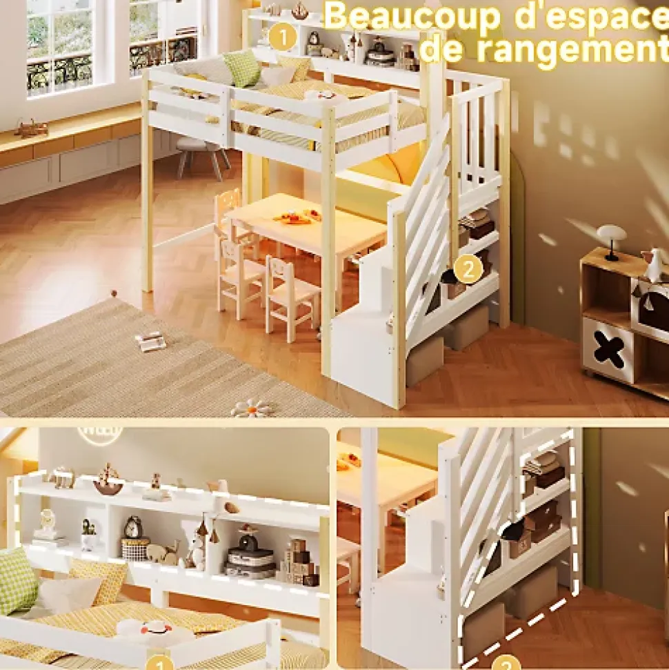 Lit mezzanine 90x200cm avec LED - avec échelle de rangement - compartiments de rangement - Blanc + Naturel (sans matelas)
