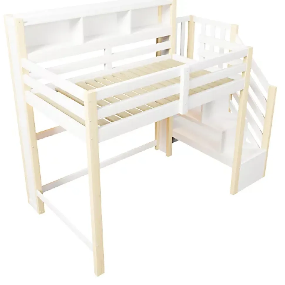 Lit mezzanine 90x200cm avec LED - avec échelle de rangement - compartiments de rangement - Blanc + Naturel (sans matelas)