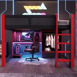 Lit mezzanine 140x200cm avec LED - avec bureau - avec échelle et armoire - avec 1 tiroir - noir + rouge (matelas non inclus)