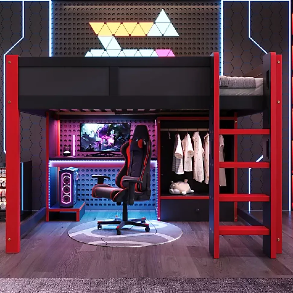 Lit mezzanine 140x200cm avec LED - avec bureau - avec échelle et armoire - avec 1 tiroir - noir + rouge (matelas non inclus)