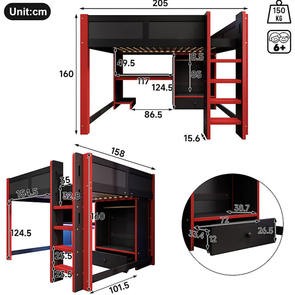 Lit mezzanine 140x200cm avec LED - avec bureau - avec échelle et armoire - avec 1 tiroir - noir + rouge (matelas non inclus)