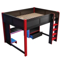 Lit mezzanine 140x200cm avec LED - avec bureau - avec échelle et armoire - avec 1 tiroir - noir + rouge (matelas non inclus)