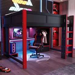 Lit mezzanine 140x200cm avec LED - avec bureau - avec échelle et armoire - avec 1 tiroir - noir + rouge (matelas non inclus)