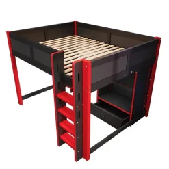 Lit mezzanine 140x200cm avec LED - avec bureau - avec échelle et armoire - avec 1 tiroir - noir + rouge (matelas non inclus)