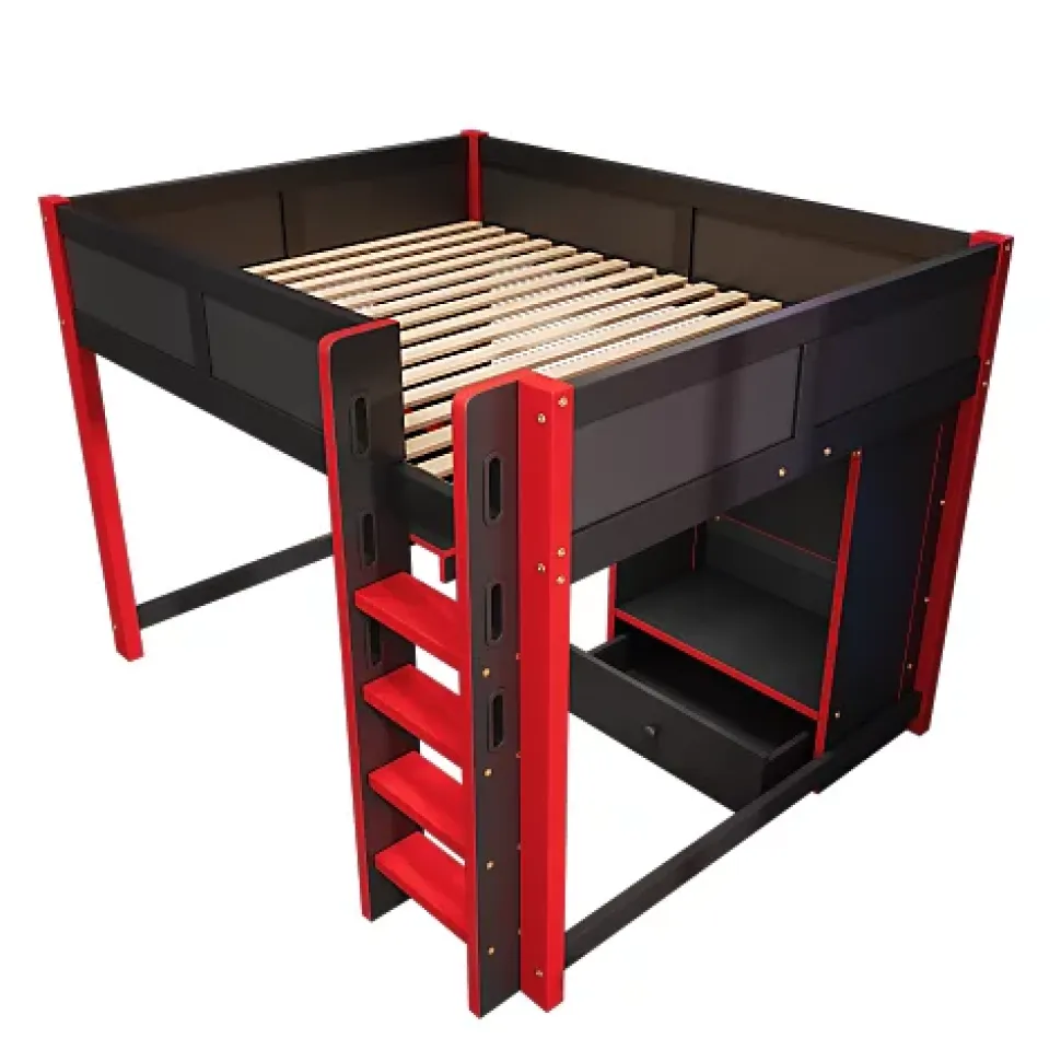 Lit mezzanine 140x200cm avec LED - avec bureau - avec échelle et armoire - avec 1 tiroir - noir + rouge (matelas non inclus)