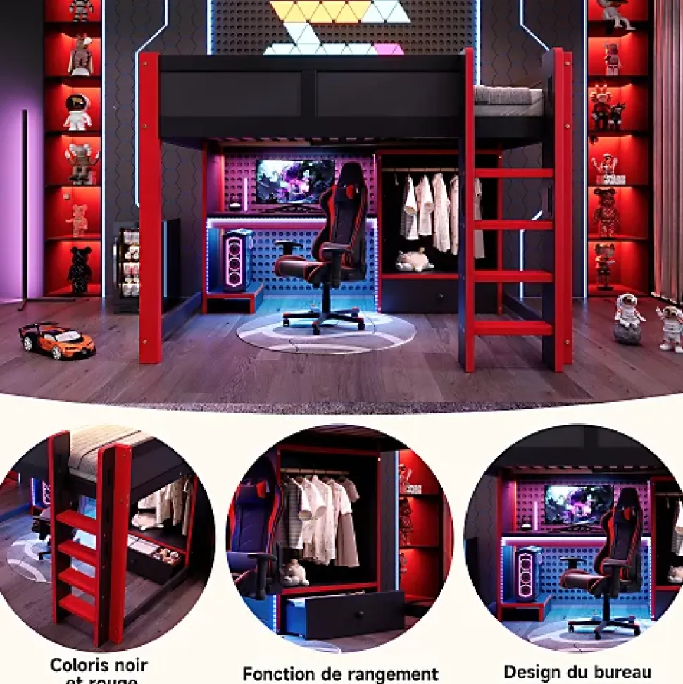 Lit mezzanine 140x200cm avec LED - avec bureau - avec échelle et armoire - avec 1 tiroir - noir + rouge (matelas non inclus)