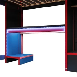Lit mezzanine 140x200cm avec LED - avec bureau - avec échelle et armoire - avec 1 tiroir - noir + rouge (matelas non inclus)