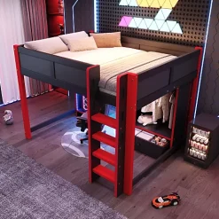 Lit mezzanine 140x200cm avec LED - avec bureau - avec échelle et armoire - avec 1 tiroir - noir + rouge (matelas non inclus)