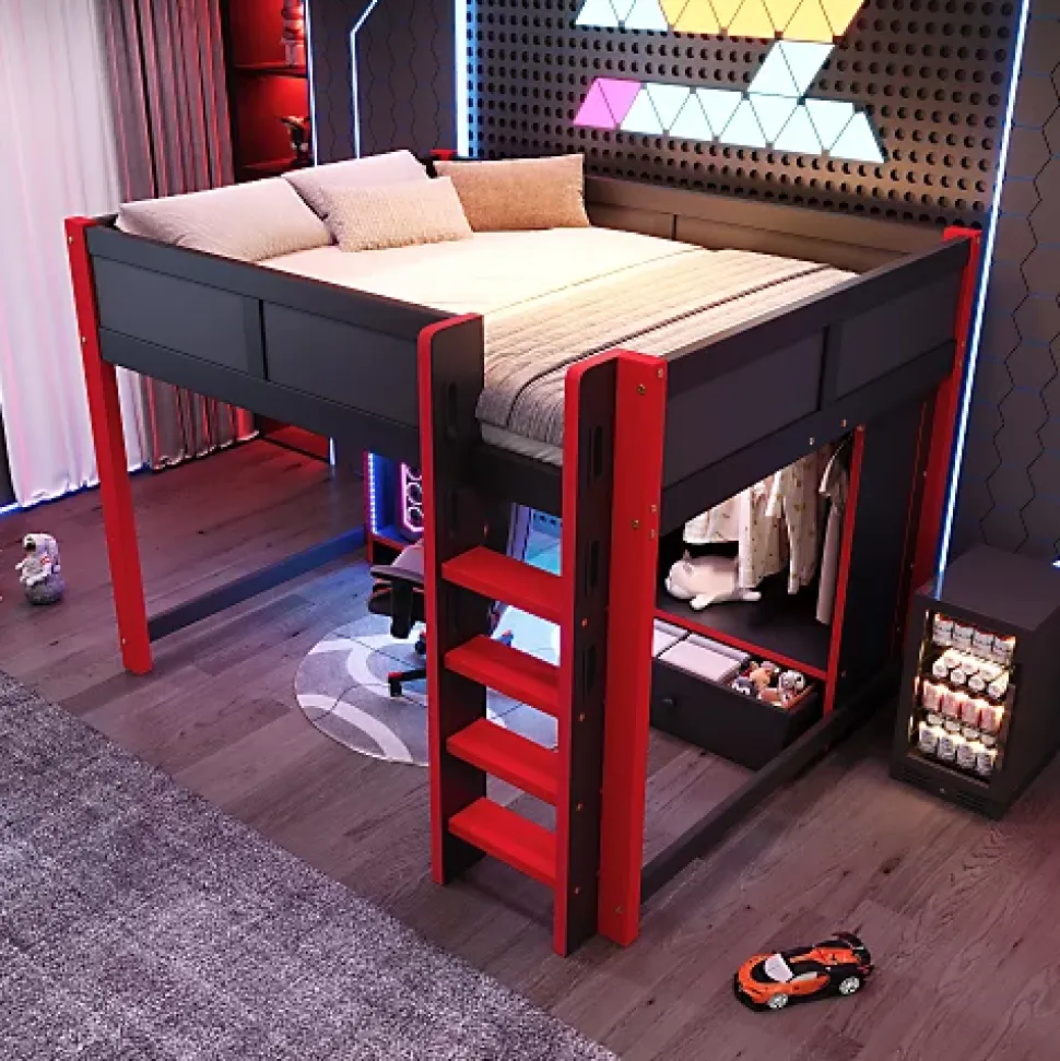 Lit mezzanine 140x200cm avec LED - avec bureau - avec échelle et armoire - avec 1 tiroir - noir + rouge (matelas non inclus)