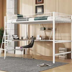 Lit mezzanine 90x200cm blanc avec bureau en L et étagère, structure en métal, sans matelas