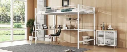 Lit mezzanine 90x200cm blanc avec bureau en L et étagère, structure en métal, sans matelas
