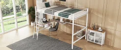 Lit mezzanine 90x200cm blanc avec bureau en L et étagère, structure en métal, sans matelas