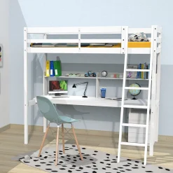 Lit Mezzanine 90x190cm blanc SALA avec Bureau et commode incl. Sommier et échelle