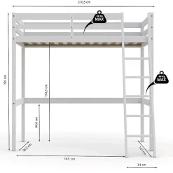 Lit Mezzanine 90x200cm blanc SALA avec incl. Sommier et échelle