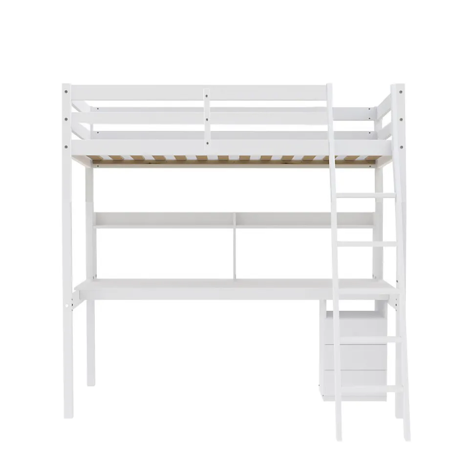 Lit Mezzanine 140x190cm blanc SALA avec Bureau et commode incl. Sommier et échelle