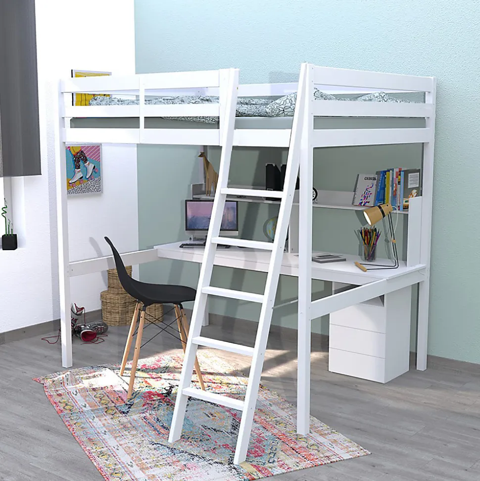 Lit Mezzanine 140x190cm blanc SALA avec Bureau et commode incl. Sommier et échelle