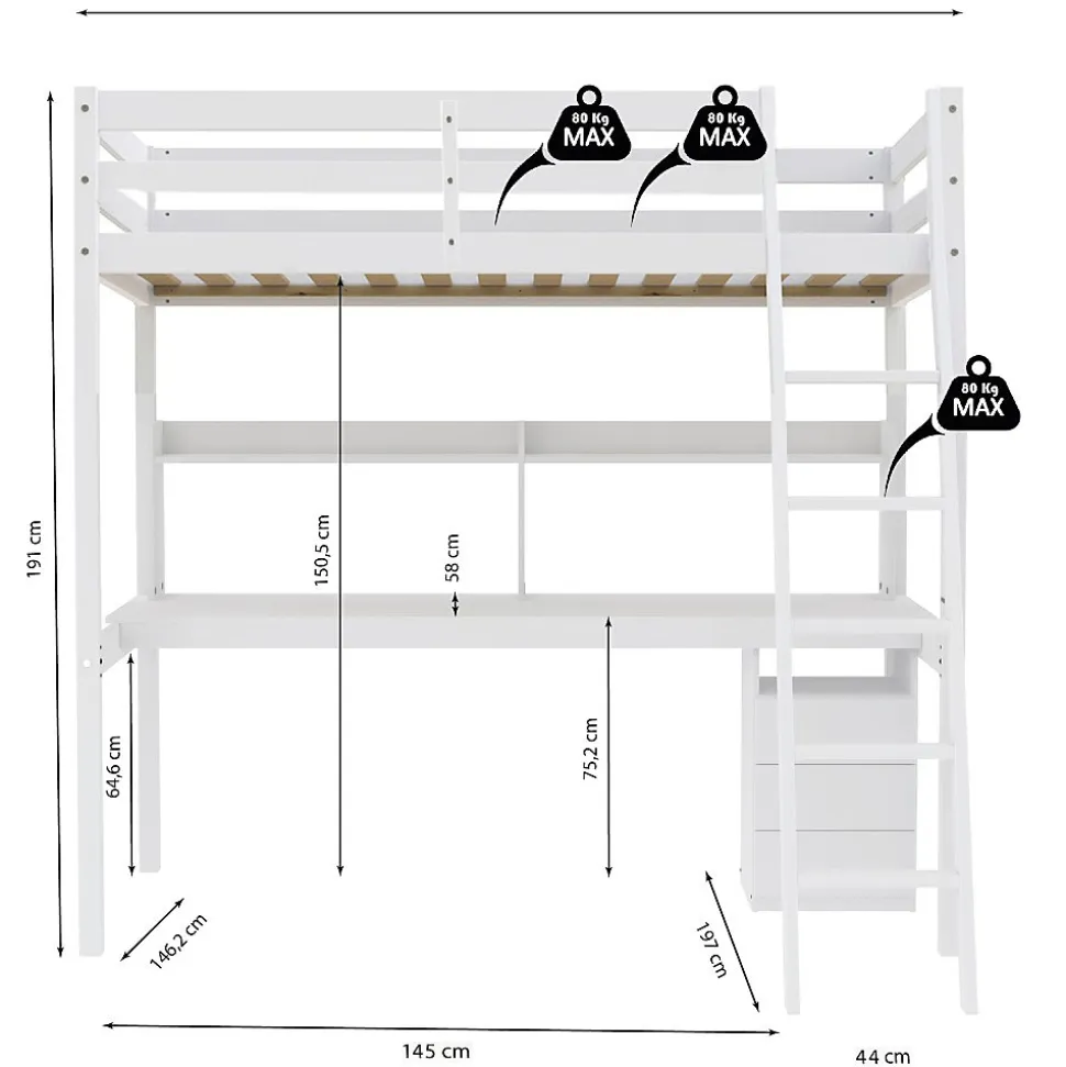 Lit Mezzanine 140x190cm blanc SALA avec Bureau et commode incl. Sommier et échelle
