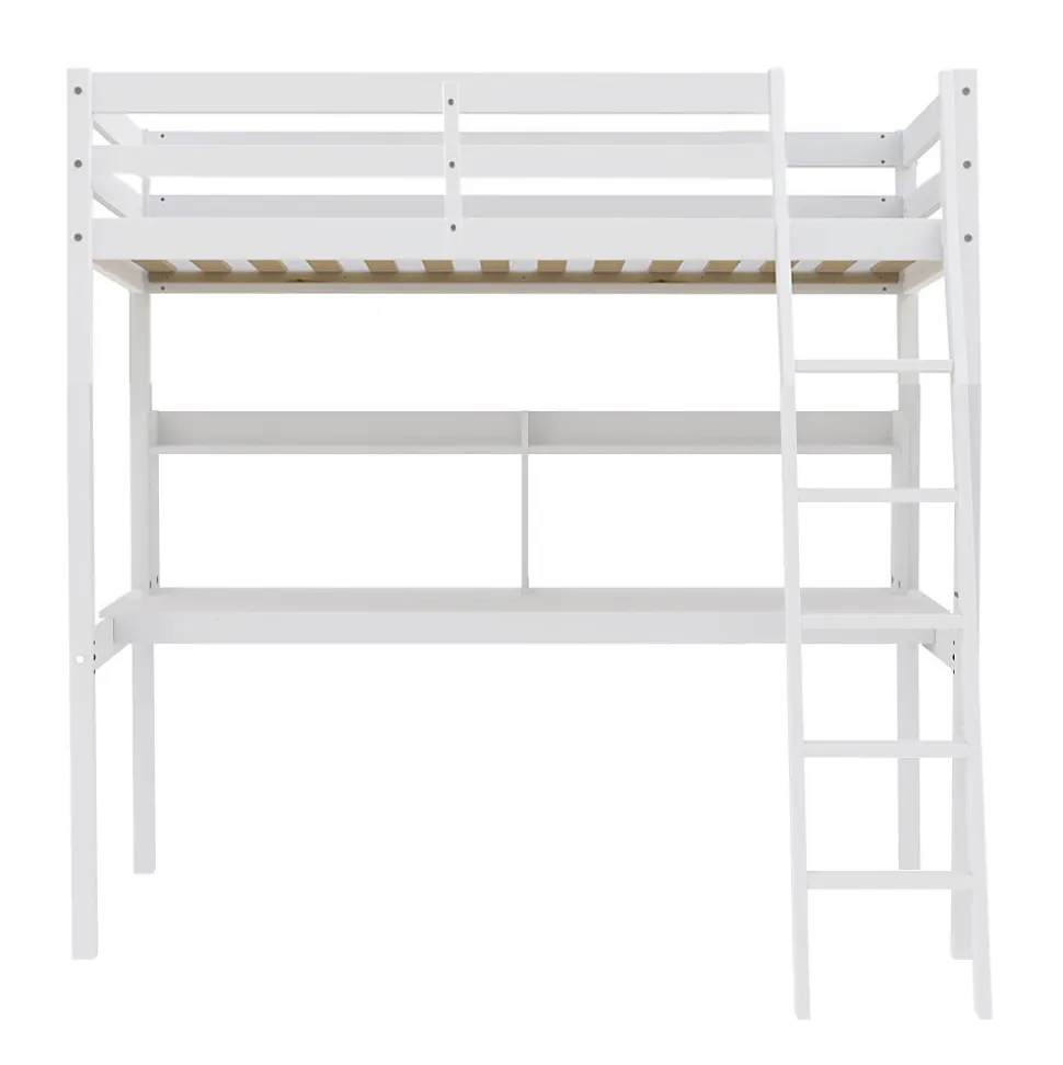 Lit Mezzanine 140x190cm blanc SALA avec Bureau et étagères incl. Sommier et échelle
