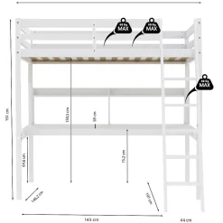 Lit Mezzanine 140x190cm blanc SALA avec Bureau et étagères incl. Sommier et échelle