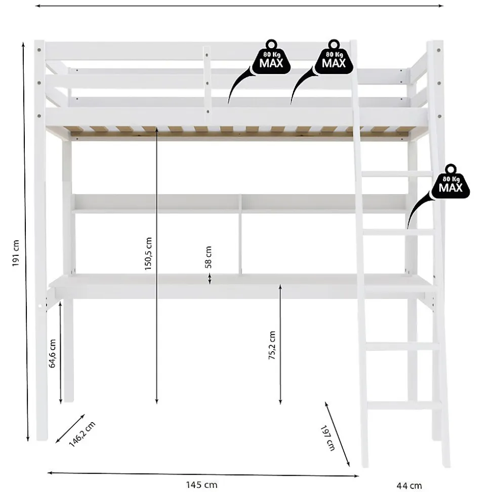 Lit Mezzanine 140x190cm blanc SALA avec Bureau et étagères incl. Sommier et échelle