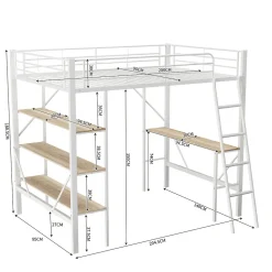 Lit mezzanine 90x200cm, cadre en métal, lit surélevé avec échelle, bureau et 3 grandes étagères pour enfants, adolescents, blanc
