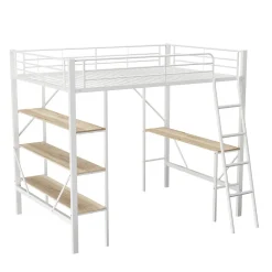Lit mezzanine 90x200cm, cadre en métal, lit surélevé avec échelle, bureau et 3 grandes étagères pour enfants, adolescents, blanc