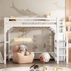 Lit mezzanine 140x200cm, lit d'enfant avec sommier à lattes, escalier avec armoire de rangement, anti-chute, blanc