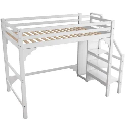 Lit mezzanine 140x200cm, lit d'enfant avec sommier à lattes, escalier avec armoire de rangement, anti-chute, blanc