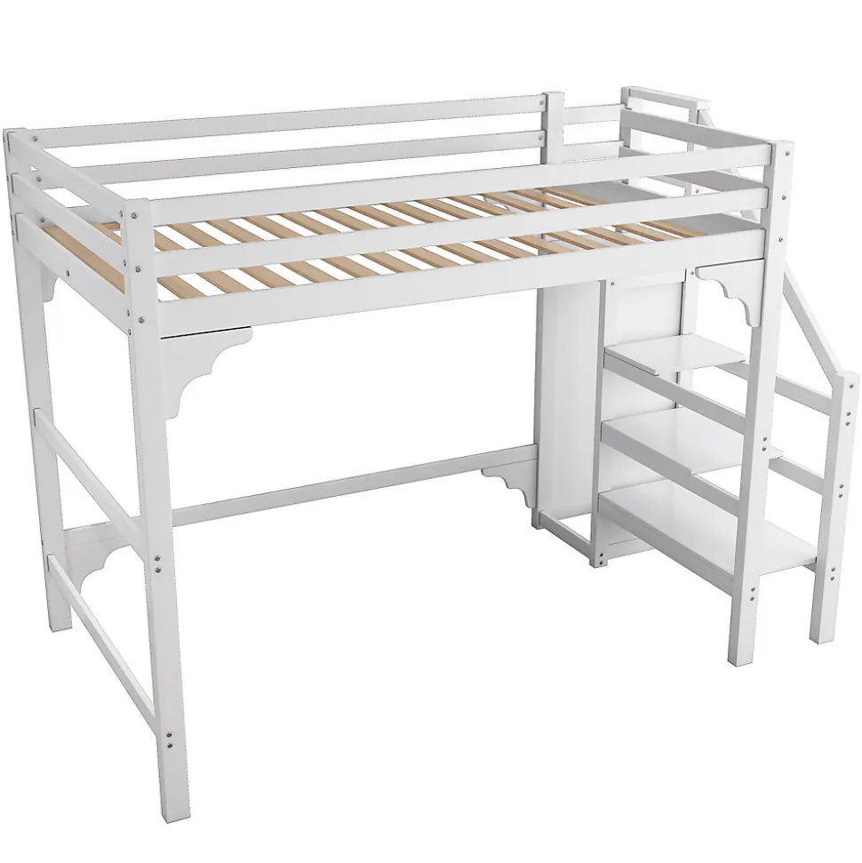 Lit mezzanine 140x200cm, lit d'enfant avec sommier à lattes, escalier avec armoire de rangement, anti-chute, blanc