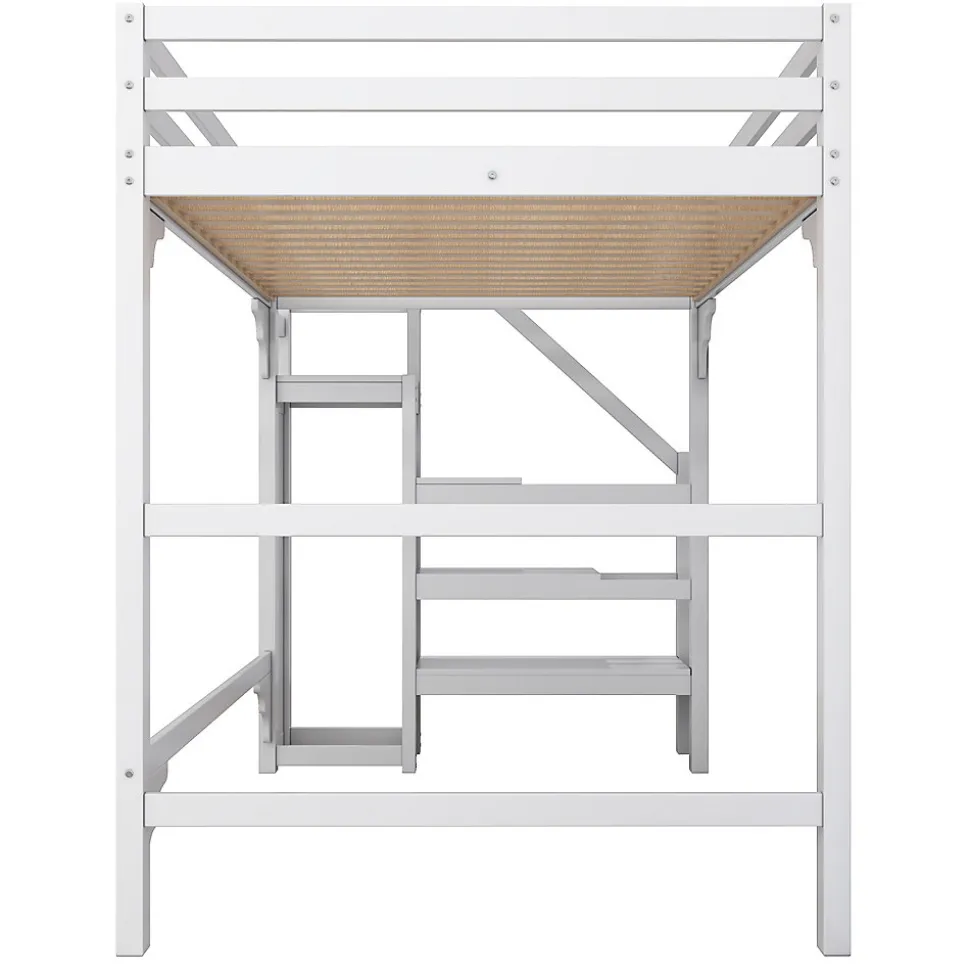 Lit mezzanine 140x200cm, lit d'enfant avec sommier à lattes, escalier avec armoire de rangement, anti-chute, blanc