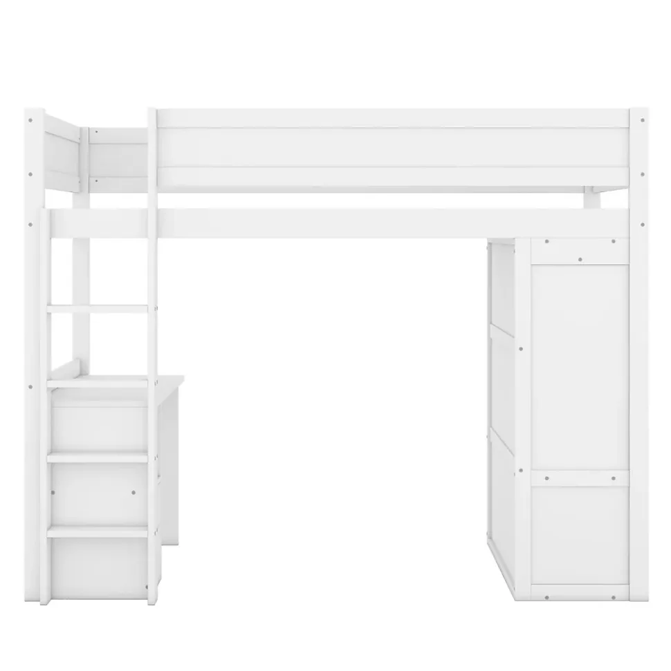 Lit mezzanine 90x200cm, lit enfant polyvalent, équipé d'armoire, bureau et tiroirs, échelle, sommier à lattes, pin, blanc