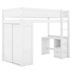 Lit mezzanine 90x200cm, lit enfant polyvalent, équipé d'armoire, bureau et tiroirs, échelle, sommier à lattes, pin, blanc