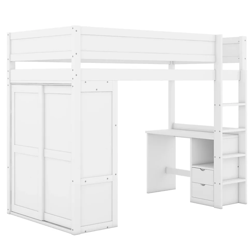 Lit mezzanine 90x200cm, lit enfant polyvalent, équipé d'armoire, bureau et tiroirs, échelle, sommier à lattes, pin, blanc