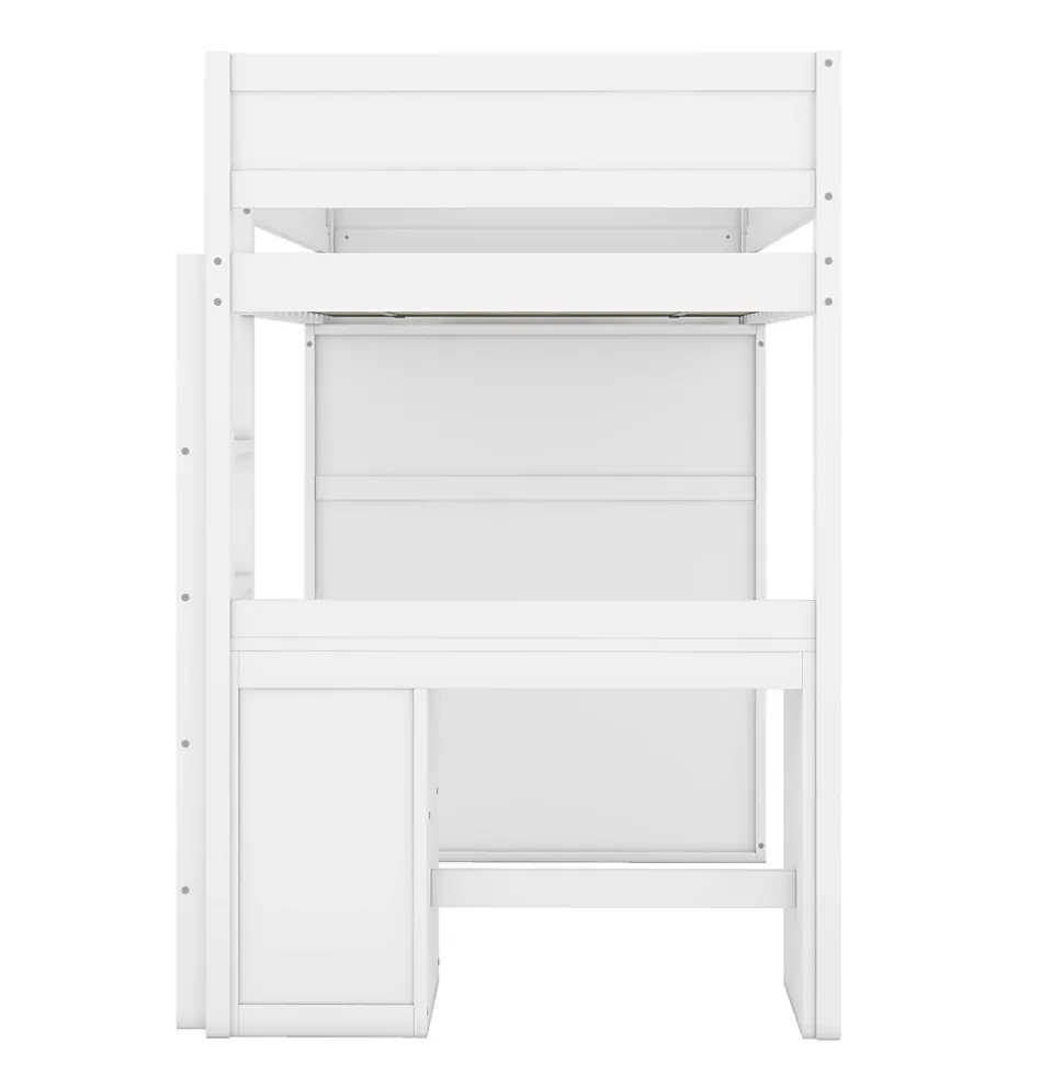 Lit mezzanine 90x200cm, lit enfant polyvalent, équipé d'armoire, bureau et tiroirs, échelle, sommier à lattes, pin, blanc