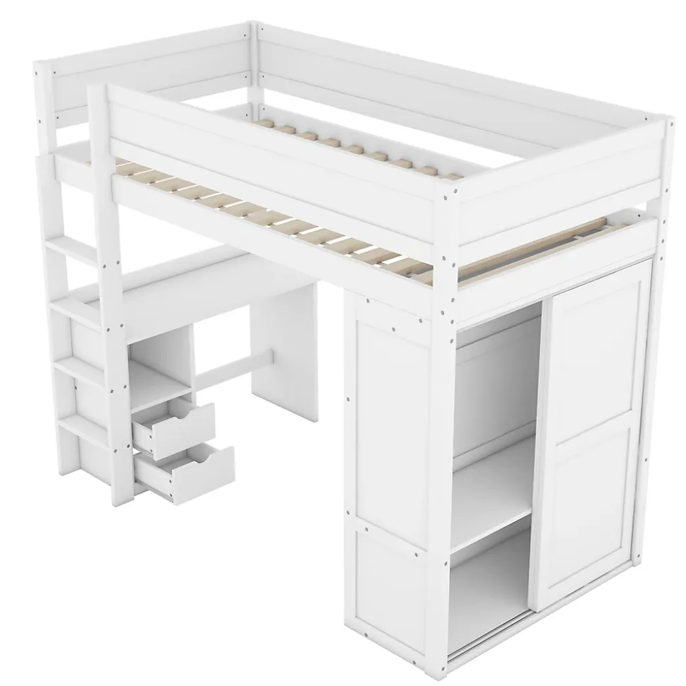 Lit mezzanine 90x200cm, lit enfant polyvalent, équipé d'armoire, bureau et tiroirs, échelle, sommier à lattes, pin, blanc