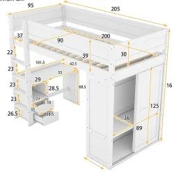 Lit mezzanine 90x200cm, lit enfant polyvalent, équipé d'armoire, bureau et tiroirs, échelle, sommier à lattes, pin, blanc