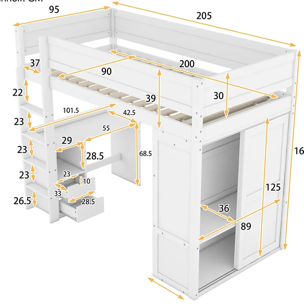 Lit mezzanine 90x200cm, lit enfant polyvalent, équipé d'armoire, bureau et tiroirs, échelle, sommier à lattes, pin, blanc