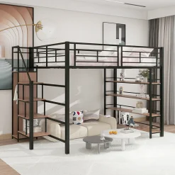 Lit mezzanine 140x200cm, lit enfant avec échelles et étagères de rangement et petite penderie, design haute clôture, noir