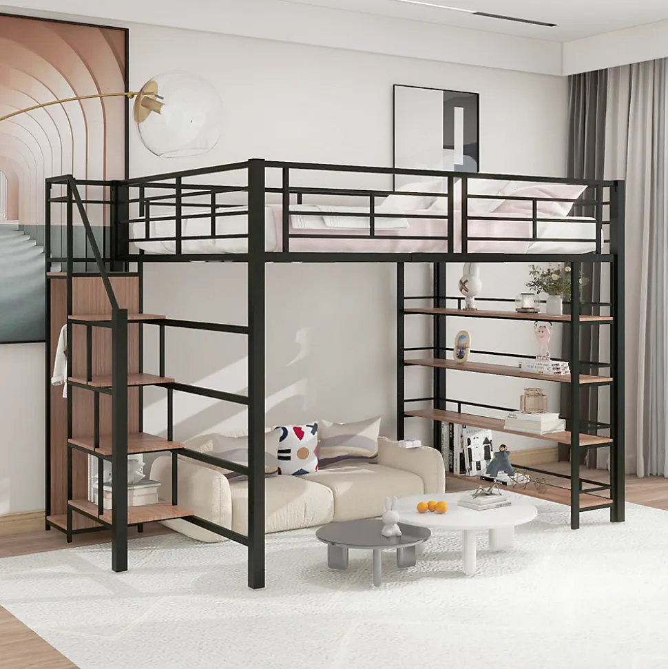 Lit mezzanine 140x200cm, lit enfant avec échelles et étagères de rangement et petite penderie, design haute clôture, noir