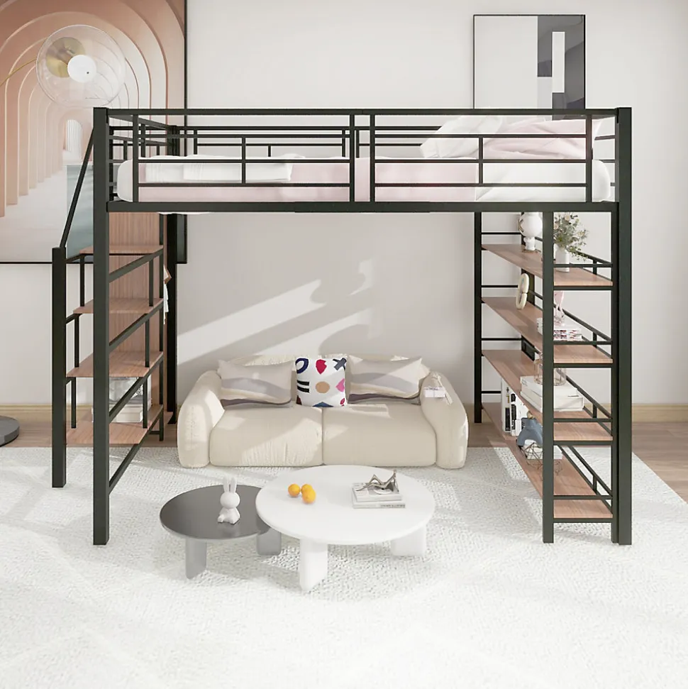 Lit mezzanine 140x200cm, lit enfant avec échelles et étagères de rangement et petite penderie, design haute clôture, noir