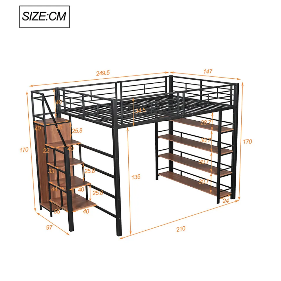 Lit mezzanine 140x200cm, lit enfant avec échelles et étagères de rangement et petite penderie, design haute clôture, noir