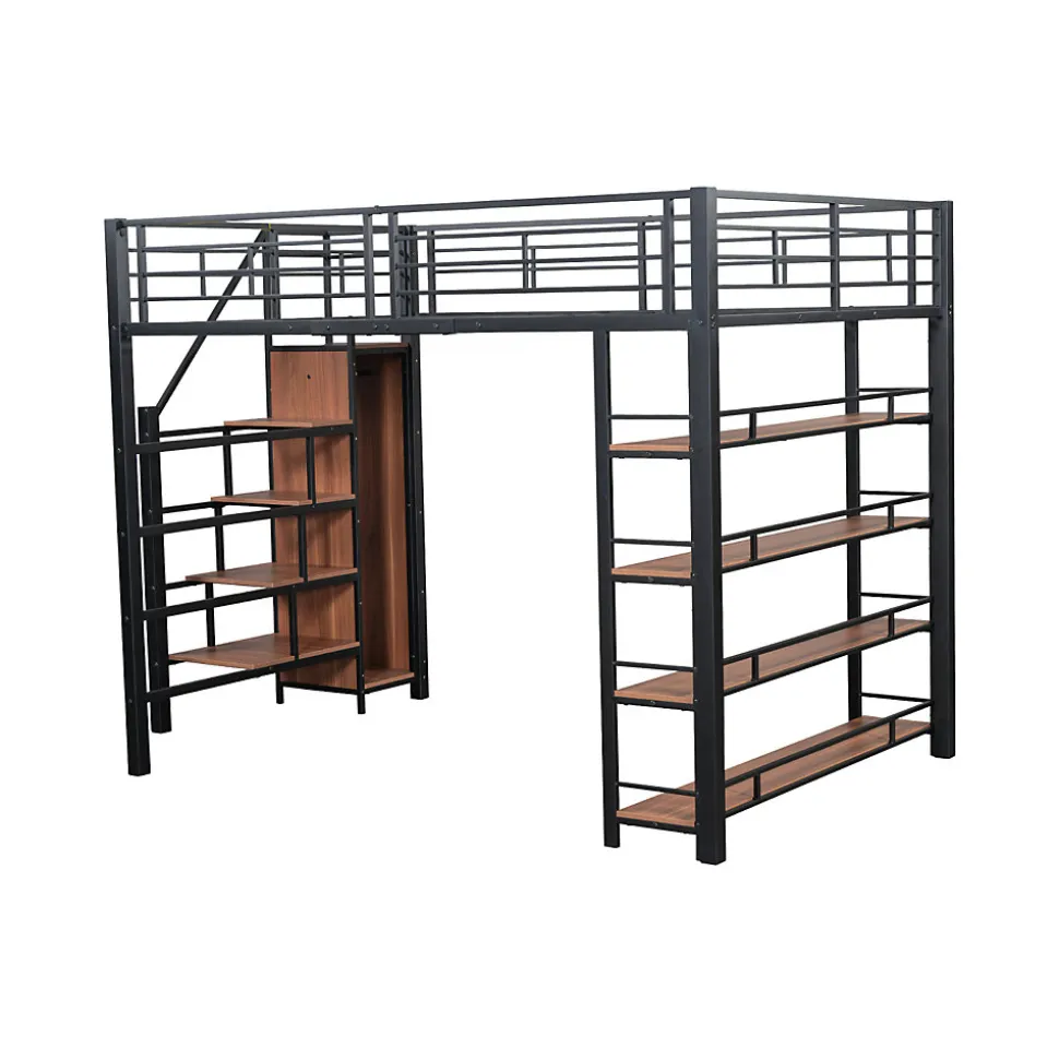 Lit mezzanine 140x200cm, lit enfant avec échelles et étagères de rangement et petite penderie, design haute clôture, noir