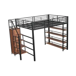 Lit mezzanine 140x200cm, lit enfant avec échelles et étagères de rangement et petite penderie, design haute clôture, noir