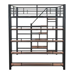 Lit mezzanine 140x200cm, lit enfant avec échelles et étagères de rangement et petite penderie, design haute clôture, noir