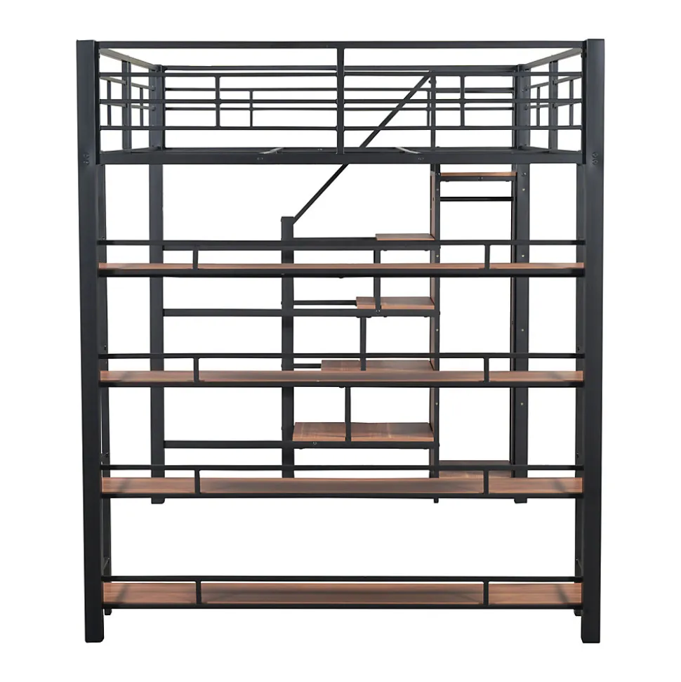 Lit mezzanine 140x200cm, lit enfant avec échelles et étagères de rangement et petite penderie, design haute clôture, noir