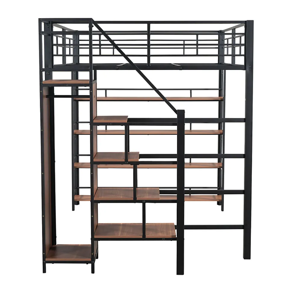 Lit mezzanine 140x200cm, lit enfant avec échelles et étagères de rangement et petite penderie, design haute clôture, noir