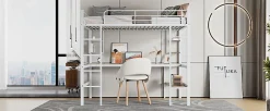 Lit mezzanine, 90x200cm, metal, blanc, bureau, etageres, enfants, ados
