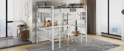 Lit mezzanine, 90x200cm, metal, blanc, bureau, etageres, enfants, ados